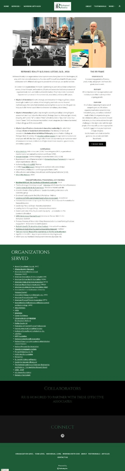 The old About page: a very long single column of certifications, publications and organizations served, as unbroken bullet lists.