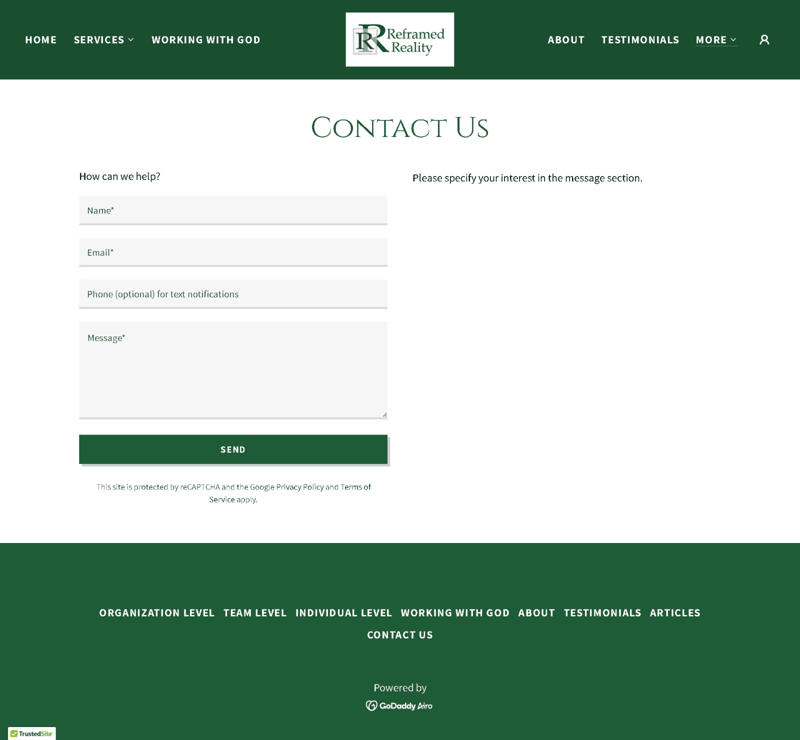 The old Contact Us page: a bare form with the instruction to specify your interest in the message section.