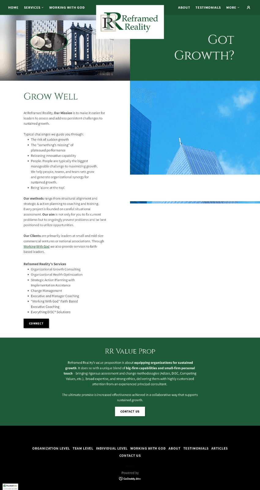 The old Reframed Reality homepage on GoDaddy Airo: a green and white template with a stock bridge photo, a "Got Growth?" headline, a wall of body copy, and a broken right-hand column where an image is followed by a white gap and a stray sliver of a second image.